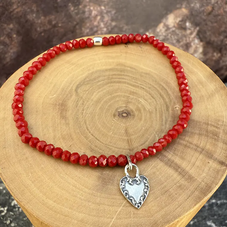 Pulsera elástica  Corazón Raíz de plata 950 con mostacillas de piedras  2