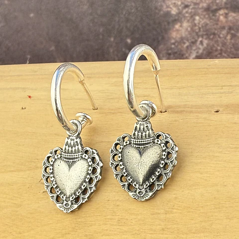 Aros argolla Medalla Corazón Coronado Plata 950