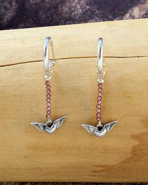 Aros Argollas y Corazón con Alas de Plata 950 y Mostacillas de Piedras 