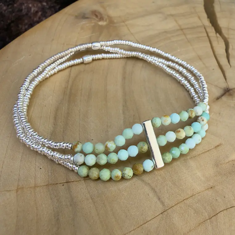 Pulsera elástica de 3 corridas de mostacillas de plata 1000 y piedras 1