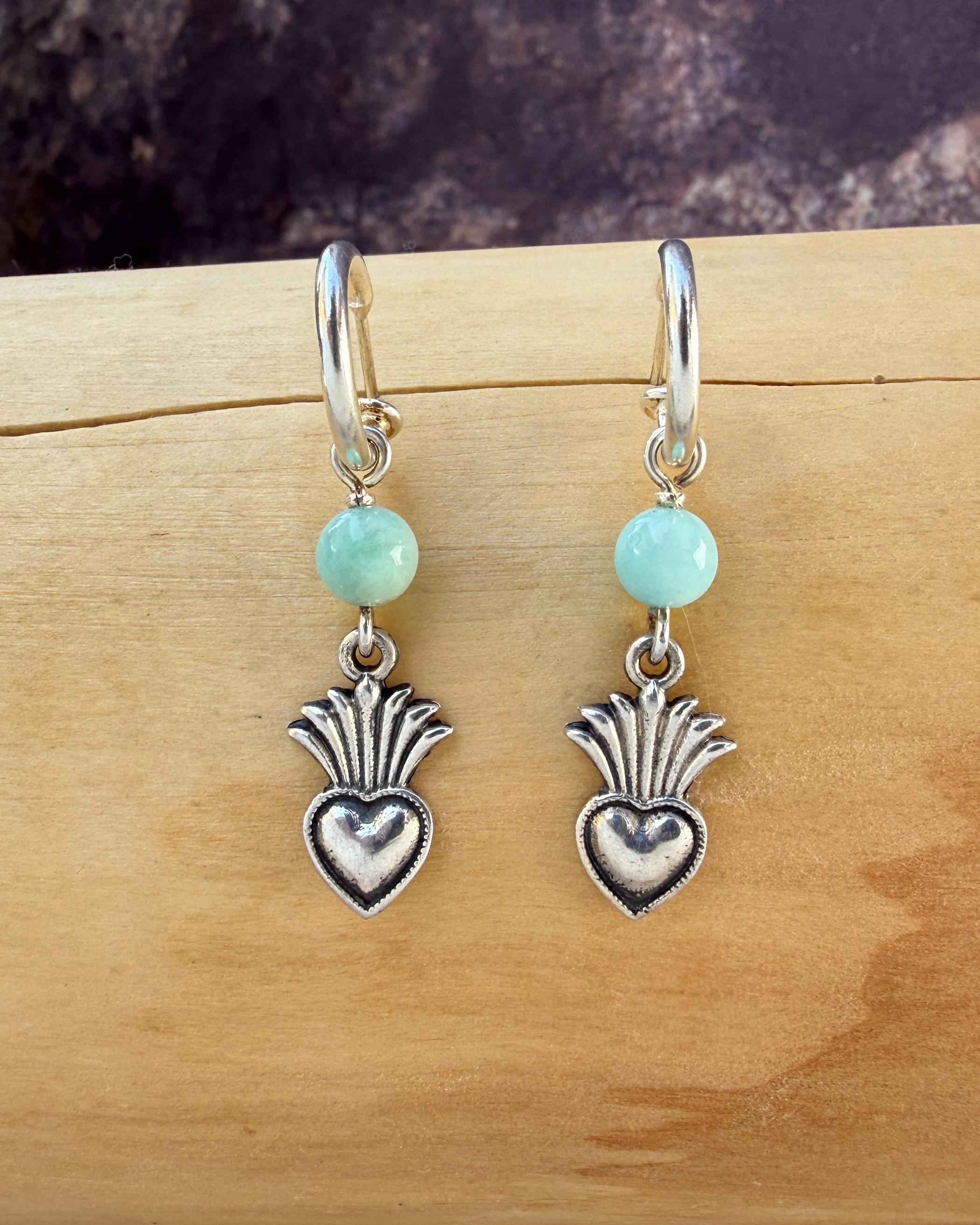 Aros argolla Corazón plantita plata 950 y piedras  1