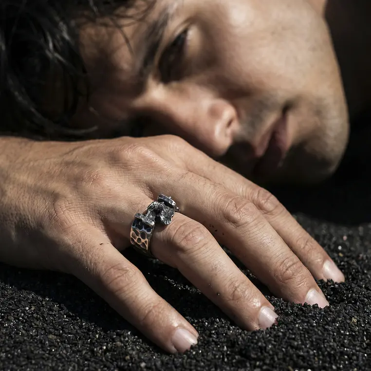 Anillo martillado plata 950 meteorito engaste suspendido 2