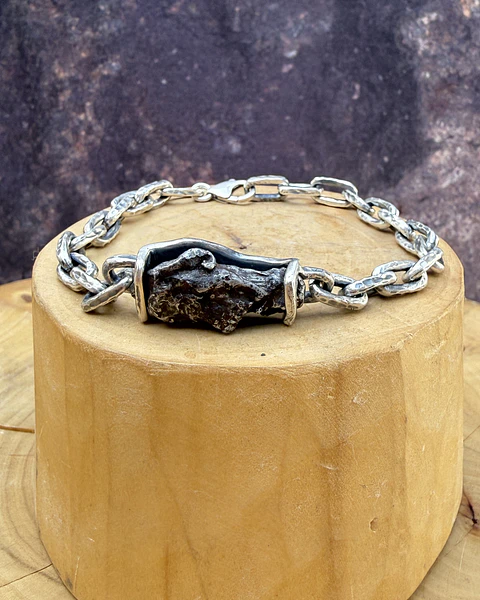 Pulsera de cadena gruesa de plata 950 con Meteorito de Sykhote-Alin