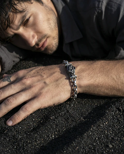 Pulsera de cadena gruesa de plata 950 con Meteorito de Sykhote-Alin