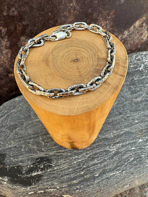 V Pulsera de cadena de Plata 950 de eslabónes gruesos y  martillados