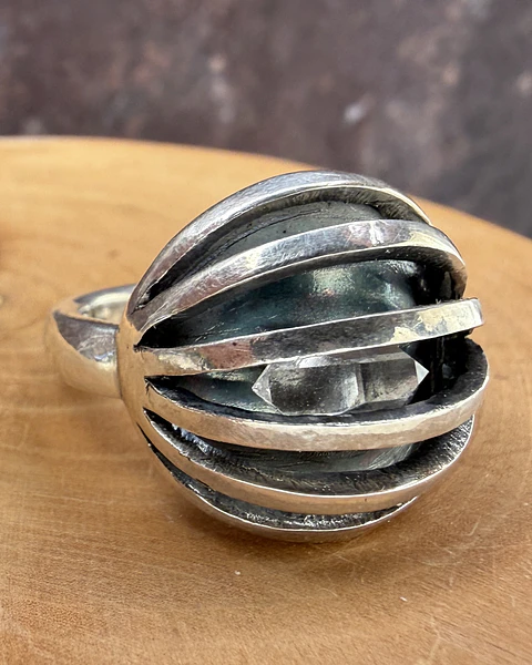 Anillo Jaula ajustable con Cuarzo Diamante o Herkimer de plata 950 