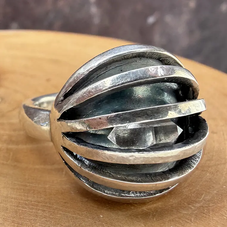 Anillo Jaula ajustable con Cuarzo Diamante o Herkimer de plata 950  1
