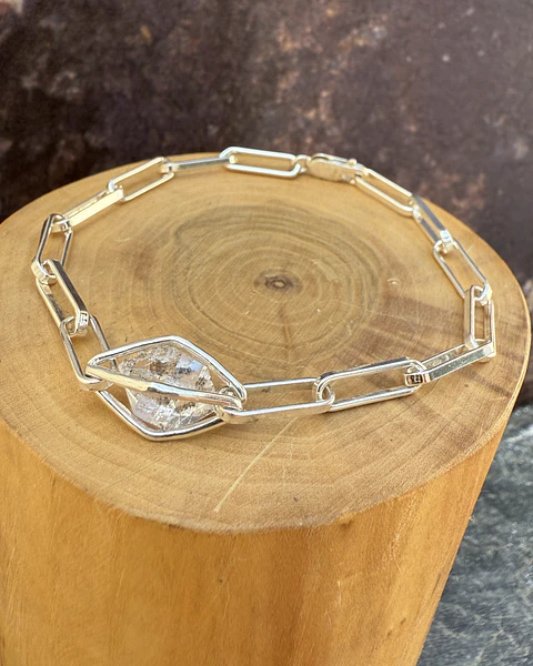 Pulsera de cadena y Octoedro de plata 950 con Cuarzo Diamante Herkimer