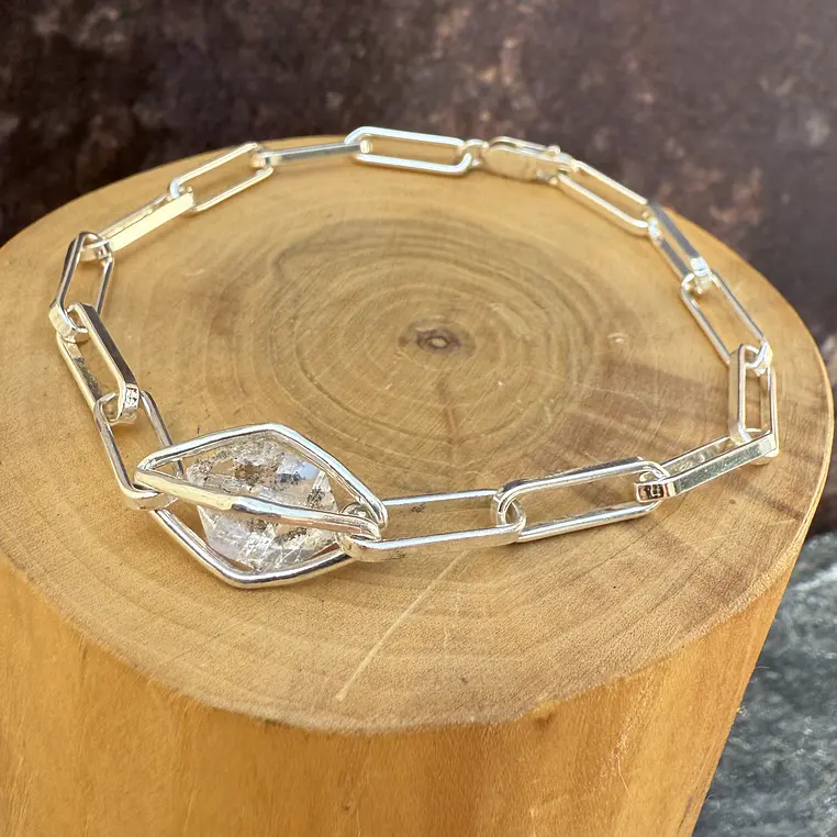 Pulsera de cadena y Octoedro de plata 950 con Cuarzo Diamante Herkimer 1