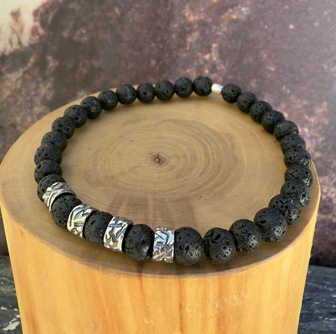 V Pulsera elástica con mostacillas de Plata 950 con lineas y  Piedras de 6mm
