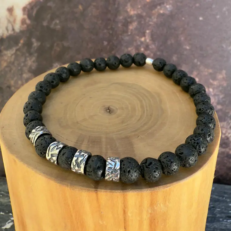 V Pulsera elástica con mostacillas de Plata 950 con lineas y  Piedras de 6mm 2