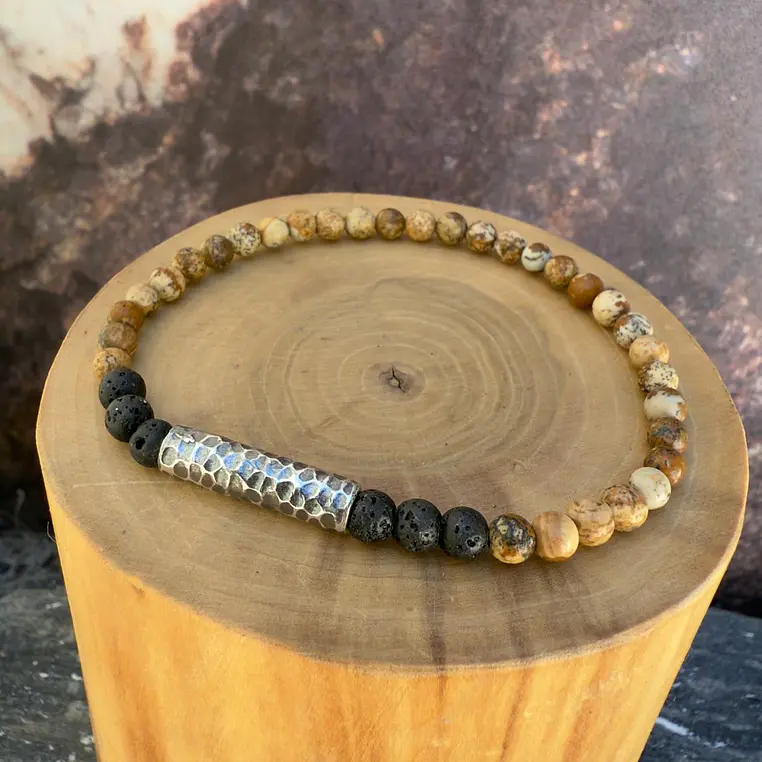 V Pulsera elástica Tubo Delgado de Plata 950 Martillado y Piedras de 4mm 3