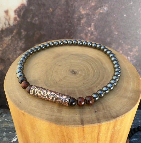 V Pulsera elástica Tubo Delgado de Cobre con Líneas y Mostacillas de piedras de 4mm