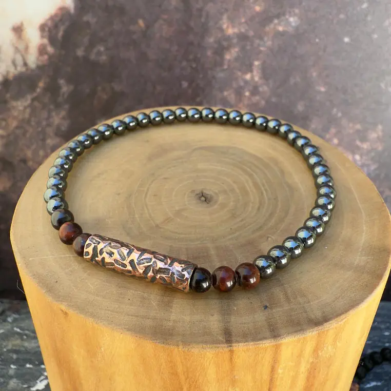 V Pulsera elástica Tubo Delgado de Cobre con Líneas y Mostacillas de piedras de 4mm 2