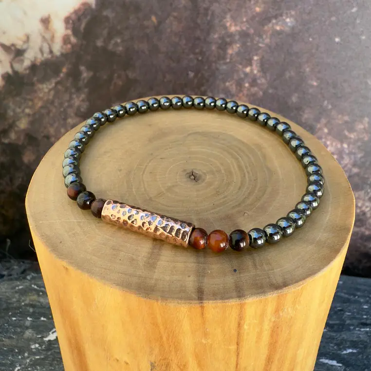 V Pulsera elástica Tubo Delgado de Cobre Martillado y Mostacillas de piedras de 4mm 3