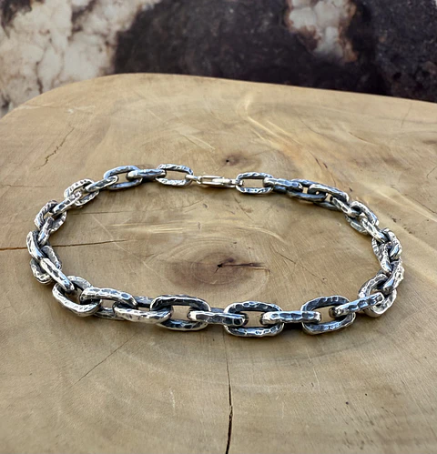 V Pulsera de cadena de Plata 950 de eslabónes gruesos y  martillados