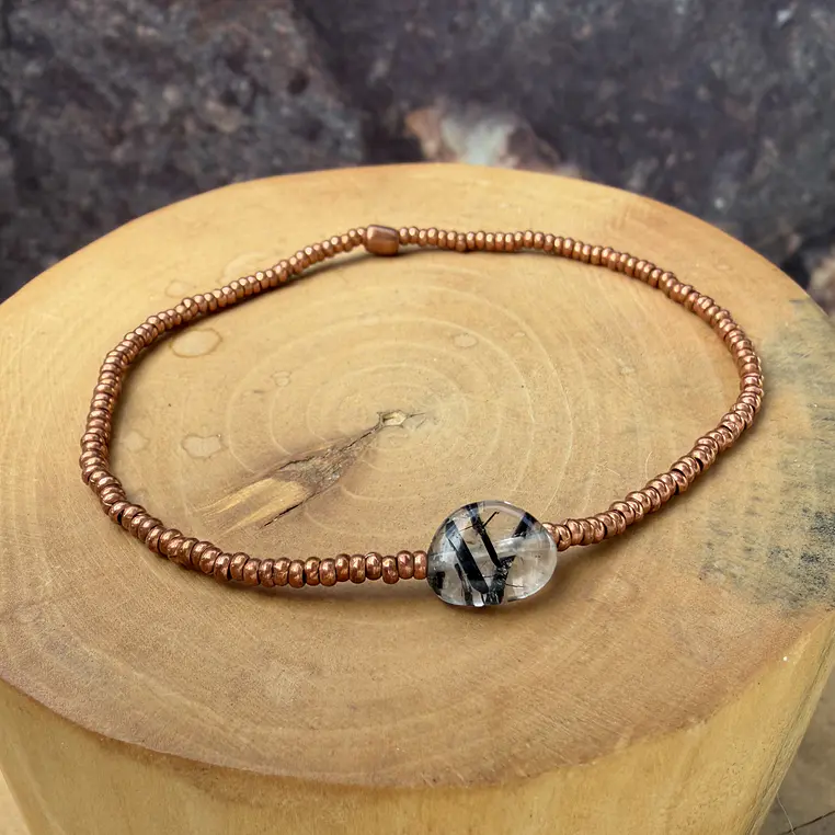 Pulsera elástica de mostacillas de Cobre y una piedra  5