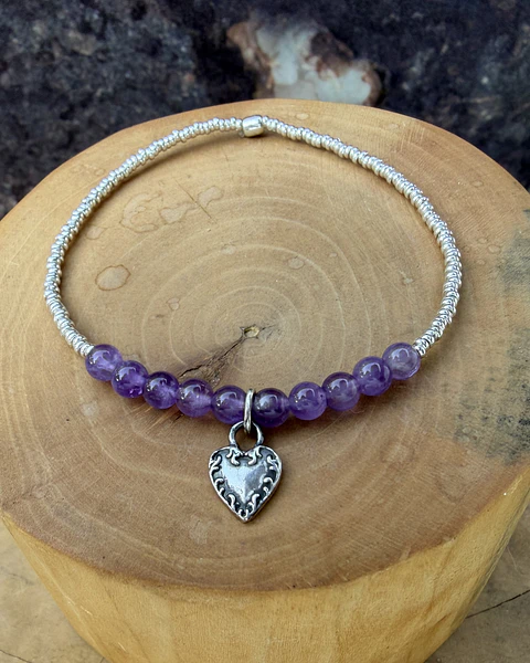 Pulsera Elástica Medalla Corazón Raíz Plata 950, Mostacillas de Plata 1000 y piedras