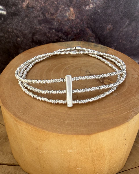Pulsera elástica 3 hileras mostacillas de plata 1000 