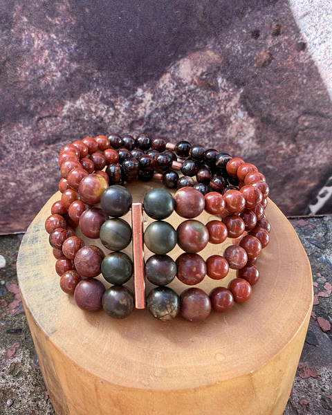Pulsera de 4 corridas elástica de cobre y mostacillas de piedras de 6mm