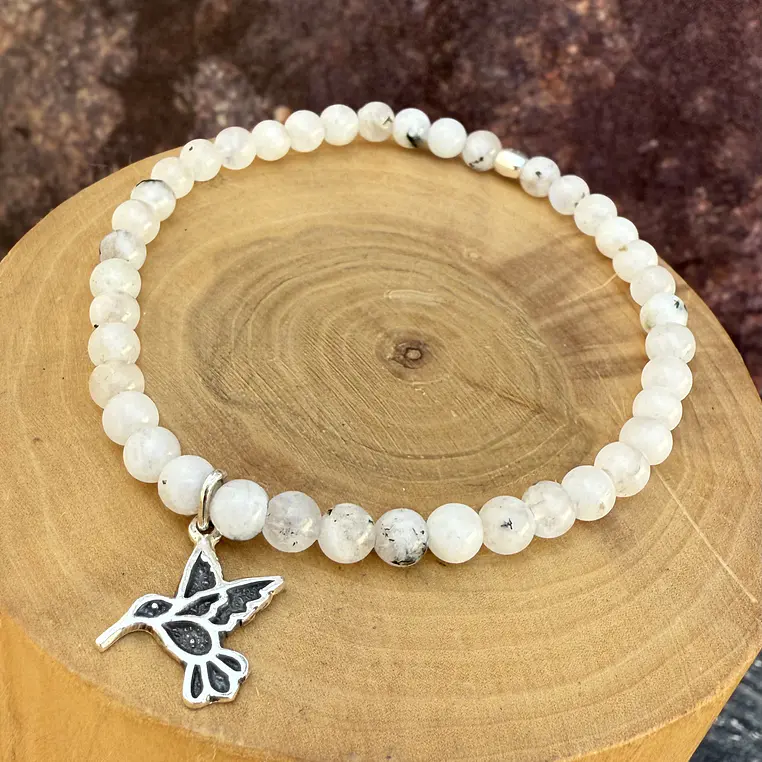 Pulsera elástica Colibrí plata 950 y mostacillas de piedras  1