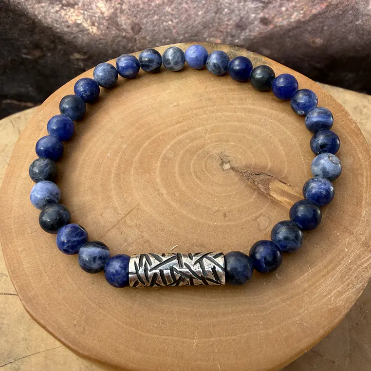 Pulsera elástica Tubo Grueso texturado de Plata 950 y  Piedras de 6mm 3