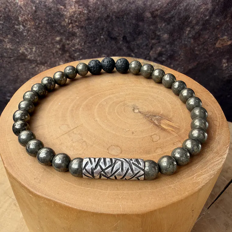 Pulsera elástica Tubo Grueso texturado de Plata 950 y  Piedras de 6mm 6