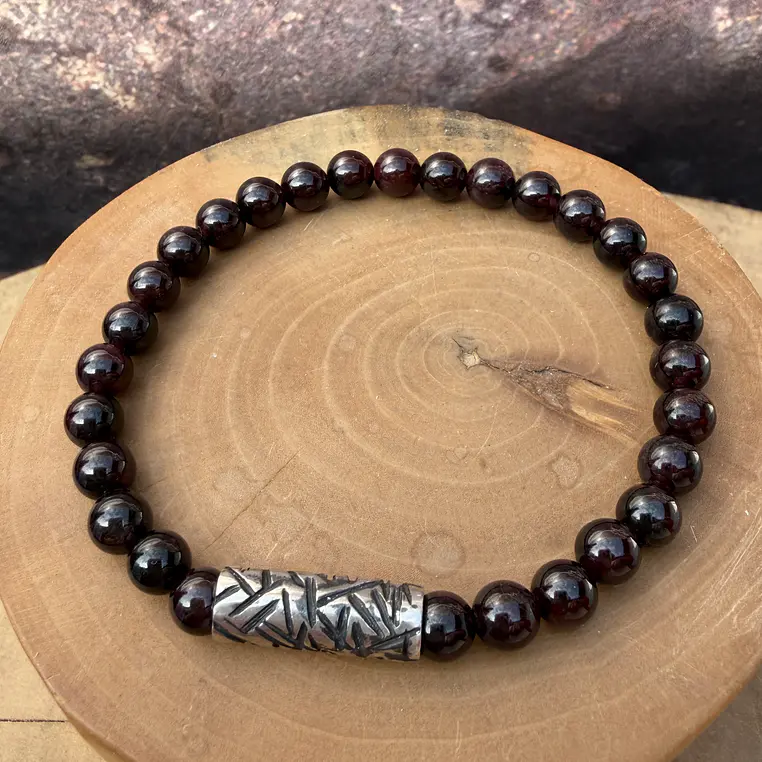 Pulsera elástica Tubo Grueso texturado de Plata 950 y  Piedras de 6mm 2