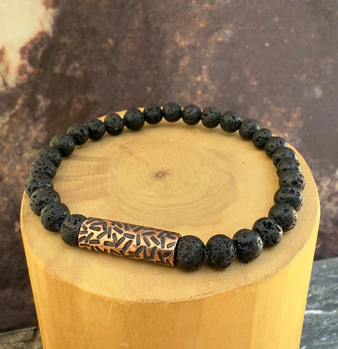 Pulsera elástica Tubo Grueso texturado de Cobre y Piedras de 6mm