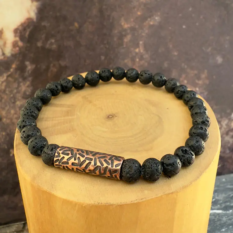Pulsera elástica Tubo Grueso texturado de Cobre y Piedras de 6mm 1