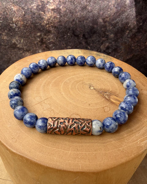 Pulsera elástica Tubo Grueso texturado de Cobre y Piedras de 6mm