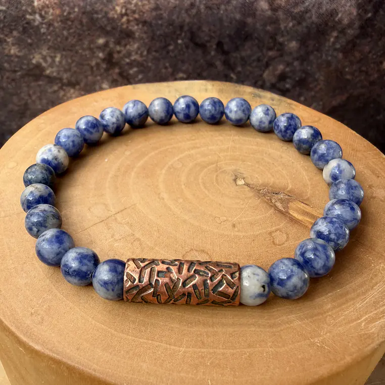 Pulsera elástica Tubo Grueso texturado de Cobre y Piedras de 6mm 2