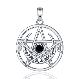 Colgante pentagrama de la triple luna con piedra ónix en plata