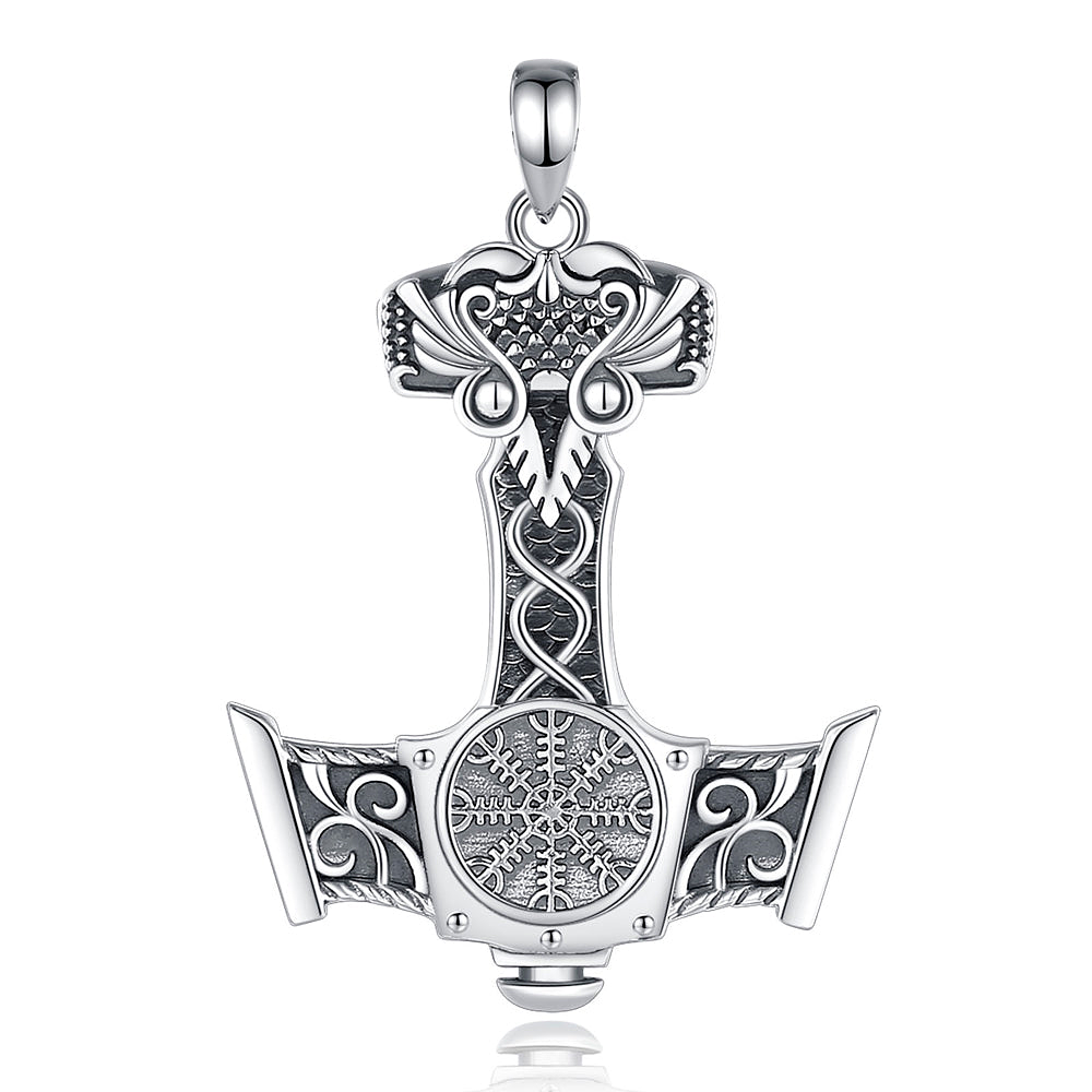Colgante martillo de thor Mjölnir con brújula vikinga en plata 1