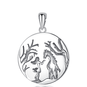 Colgante medalla de amor caballo y mujer en plata fina 950