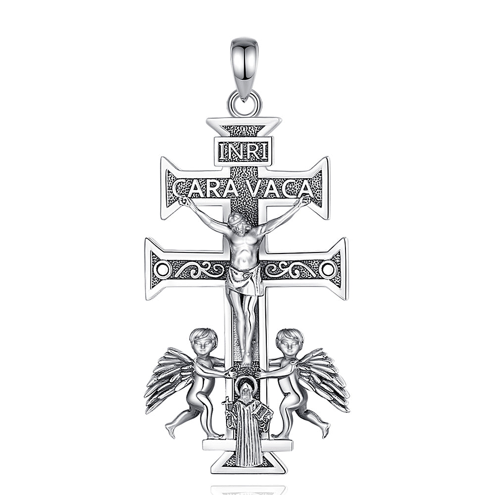 Colgante cruz de Caravaca, cruz con san Benito en plata fina 1