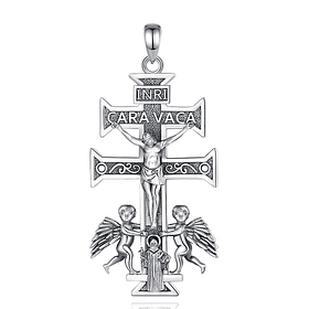 Colgante cruz de Caravaca, cruz con san Benito en plata fina