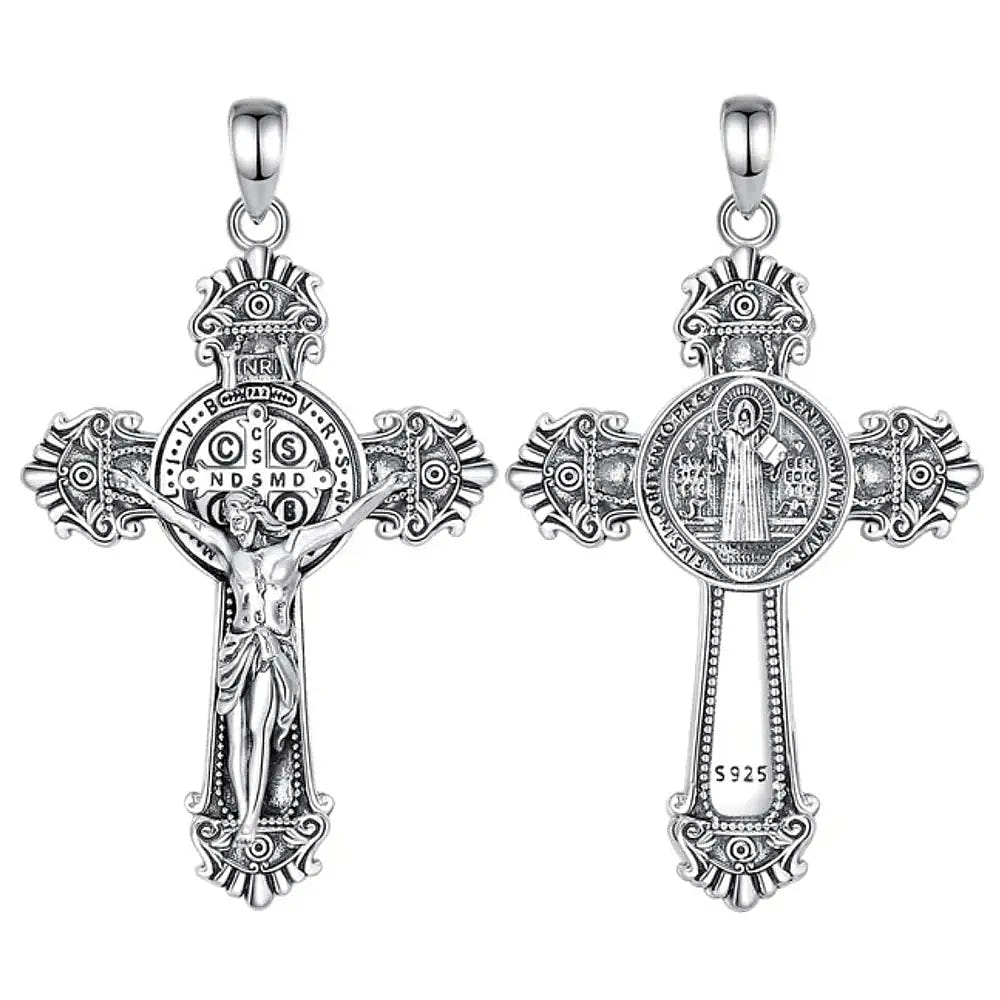 Colgante cruz de San Benito maciza full definición en plata fina 950 1