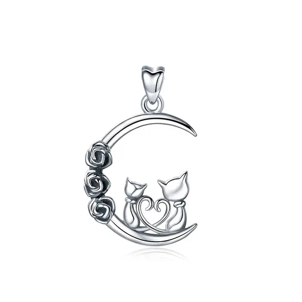 Colgante media luna con pareja de gatos en plata fina 950 1