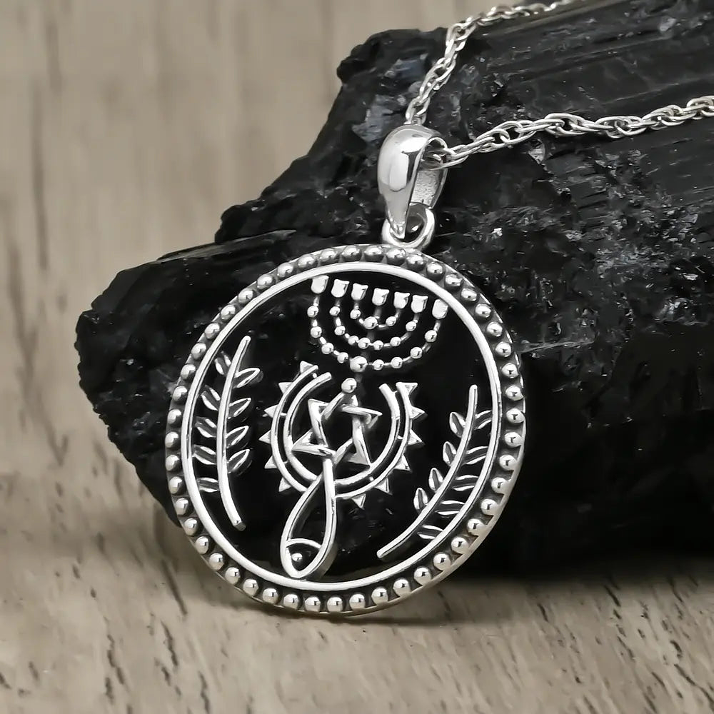 Colgante estrella de david con cruz mesiánica en plata fina 950 2