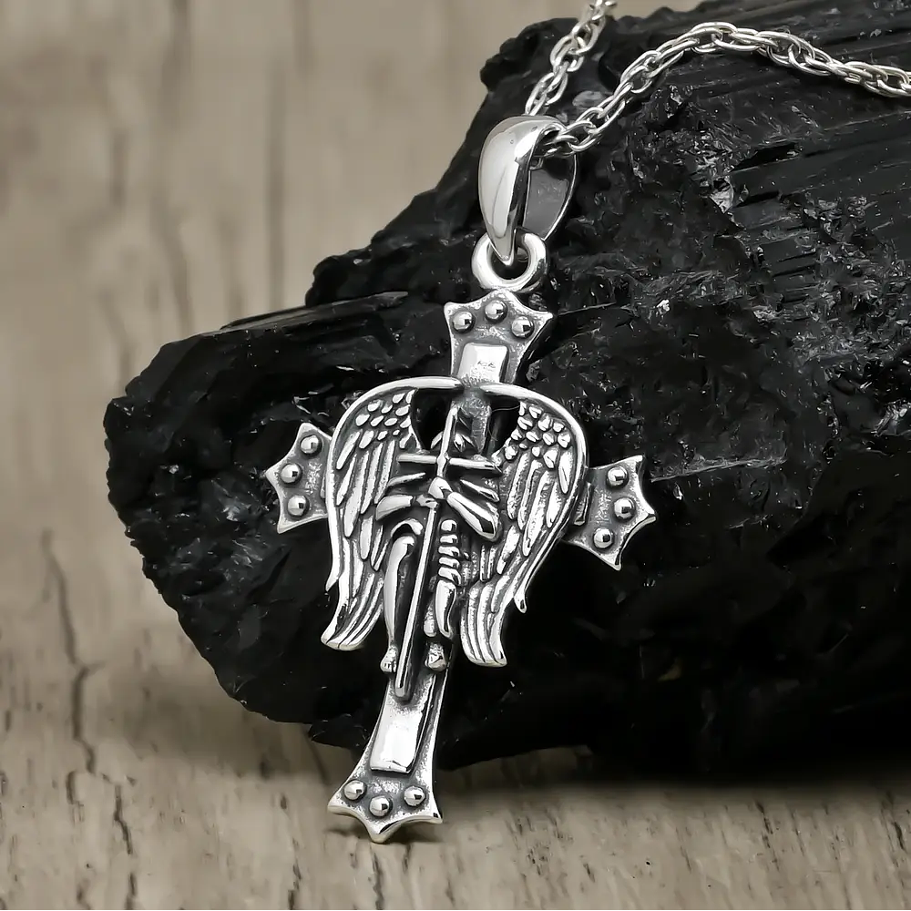 Colgante cruz de alas de arcángel San Miguel en plata fina 950 2