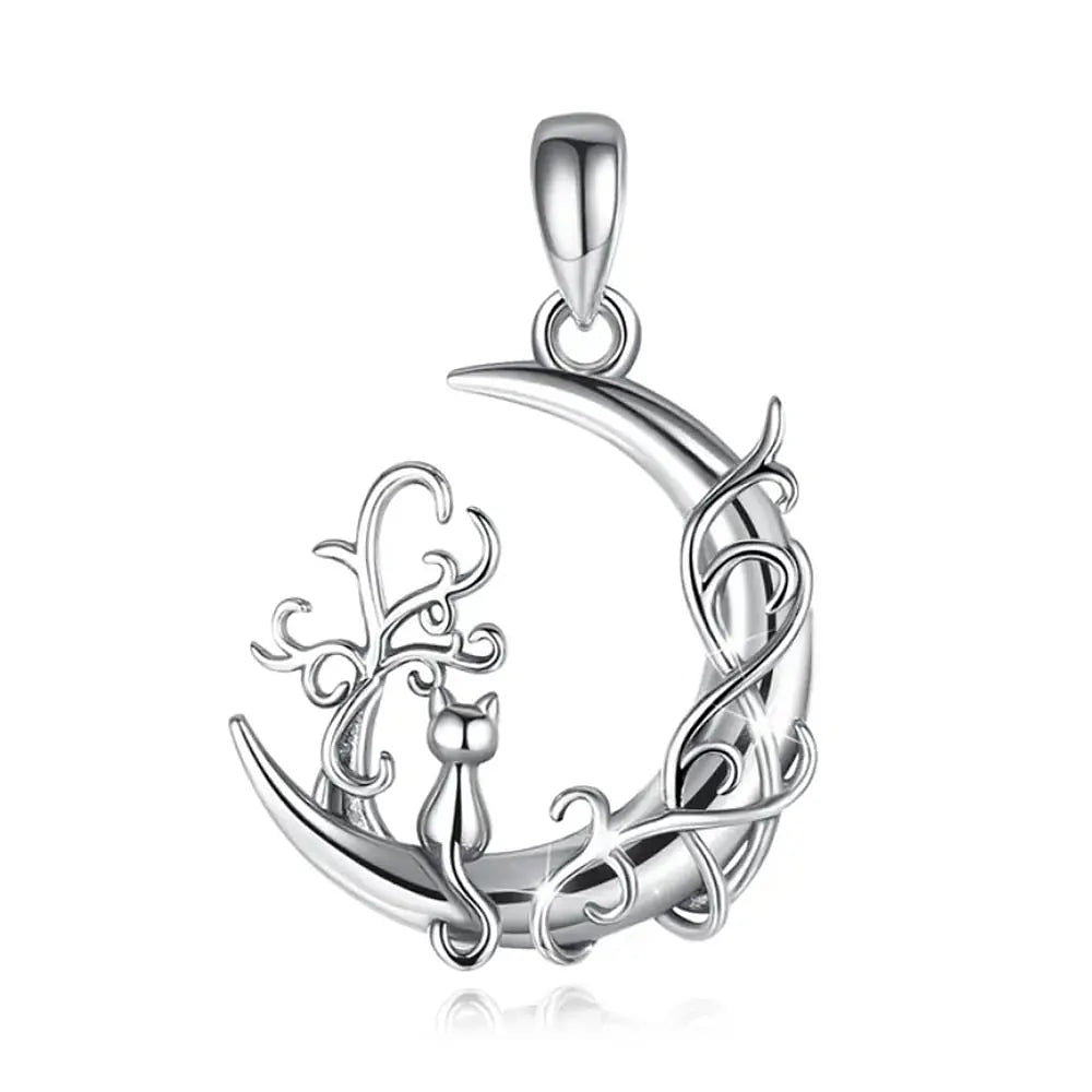 Colgante media luna con gato en plata fina 950