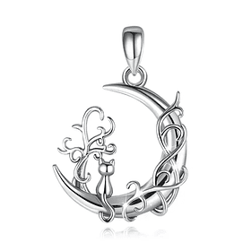 Colgante media luna con gato en plata fina 950