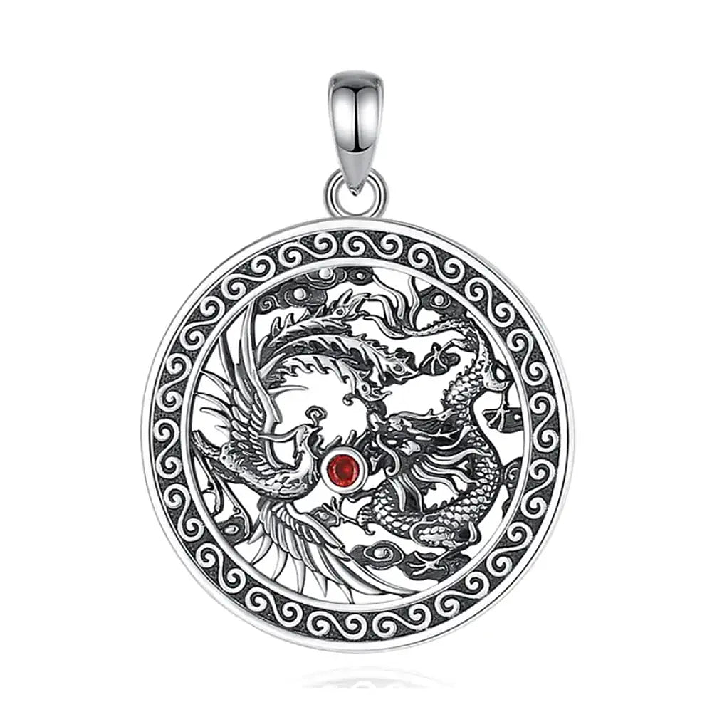 Colgante ave fenix y dragon con piedra granate en plata fina 950 1