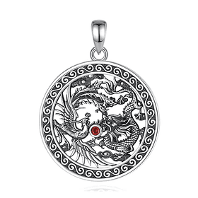 Colgante ave fenix y dragon con piedra granate en plata fina 950