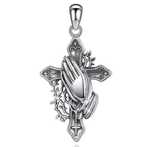 Colgante Cruz Cristiana Con Manos, en plata 925