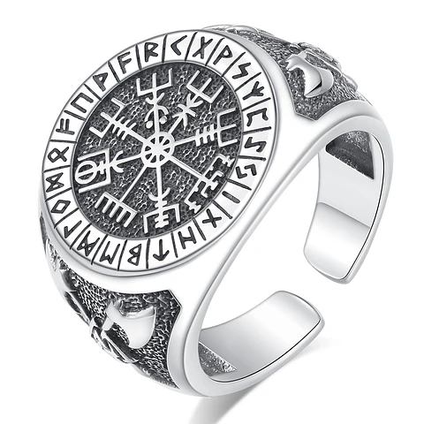 Anillo de brújula vikinga en plata 925, todos los símbolos