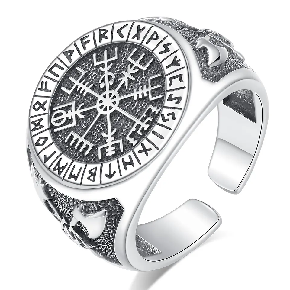 Anillo de brújula vikinga en plata 925, todos los símbolos 1