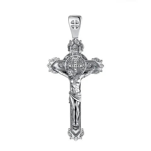 Colgante cruz San Benito maciza con cristo en plata 925