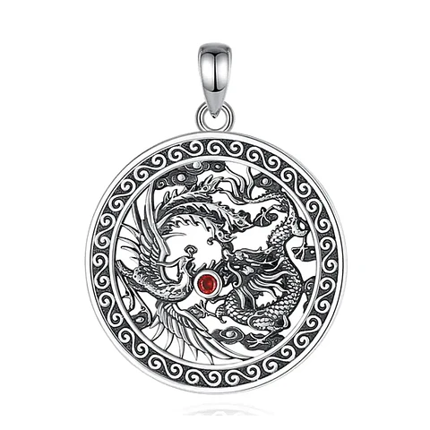 Colgante ave fenix y dragon con granate en plata 925